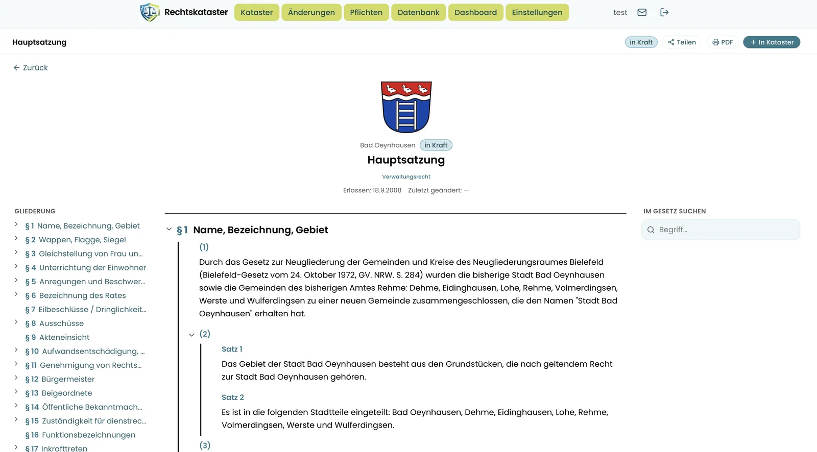 Hauptsatzung der Stadt Bad Oeynhausen im Rechtskataster mit Gliederung und Volltextsuche