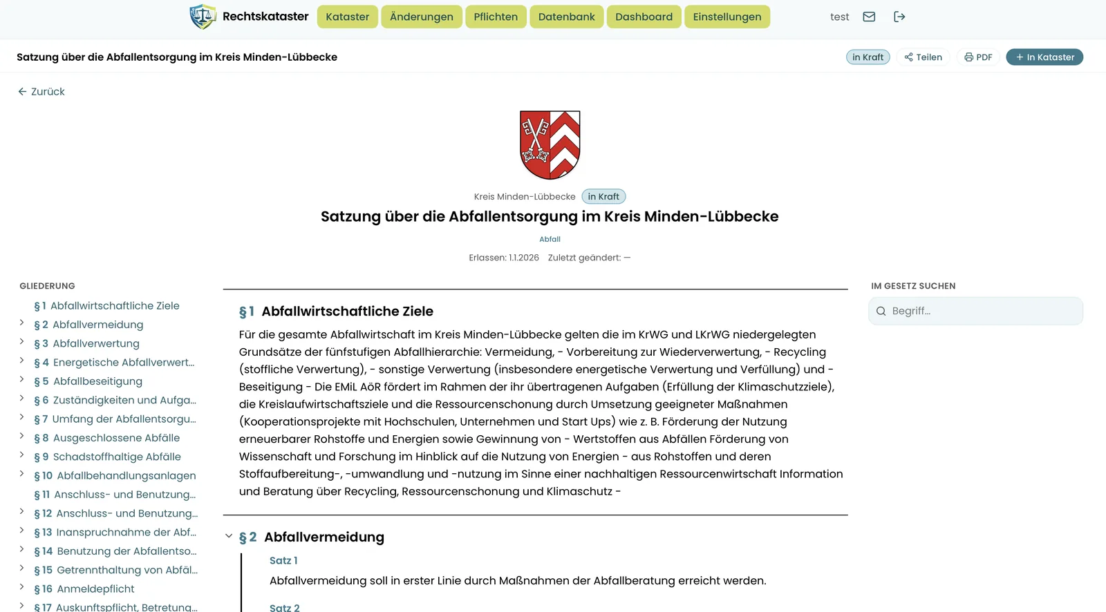 Abfallentsorgungssatzung des Kreises Minden-Lübbecke im Rechtskataster