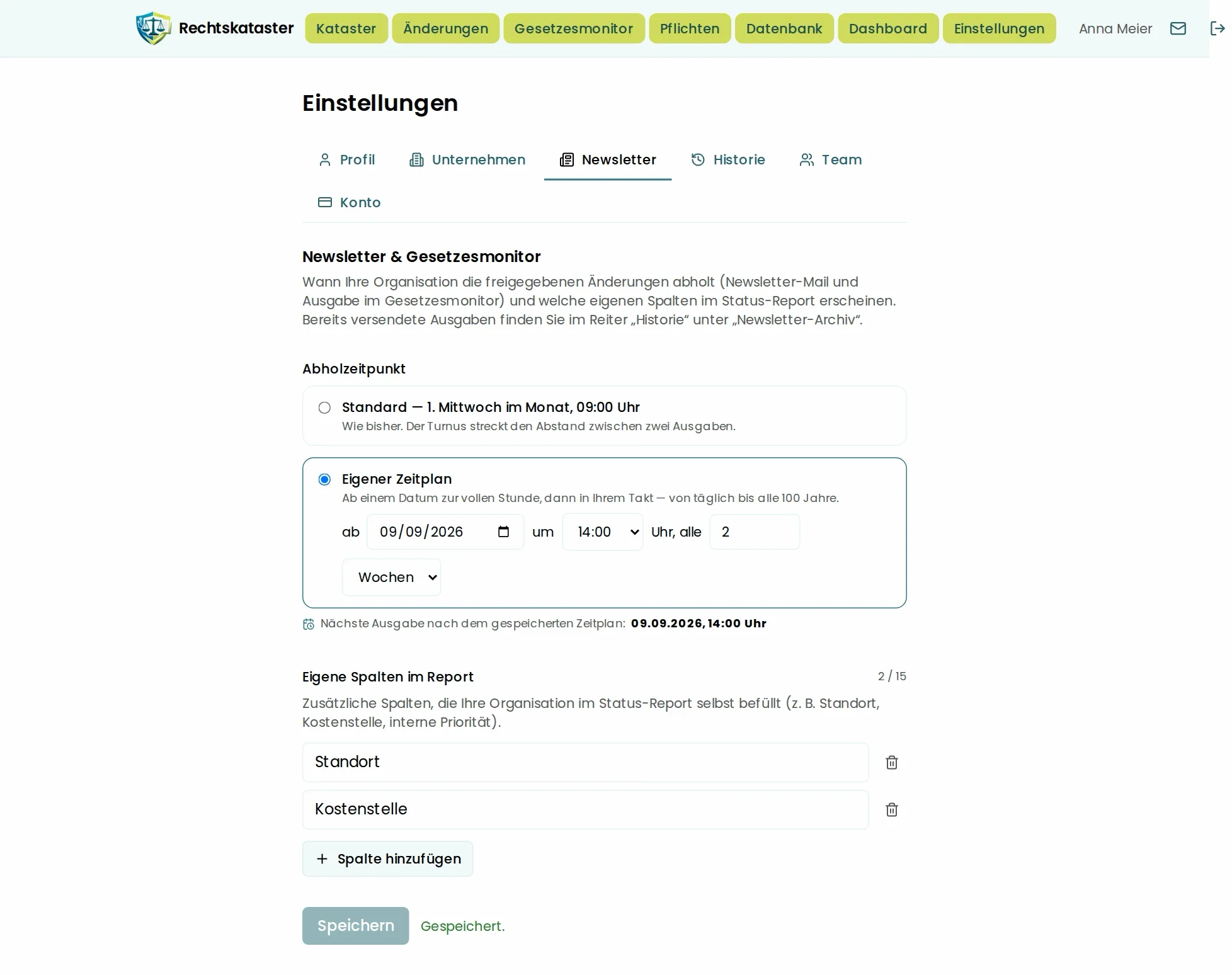 Einstellungen Newsletter: eigener Zeitplan mit Datum, Uhrzeit und Takt, darunter die nächste Ausgabe