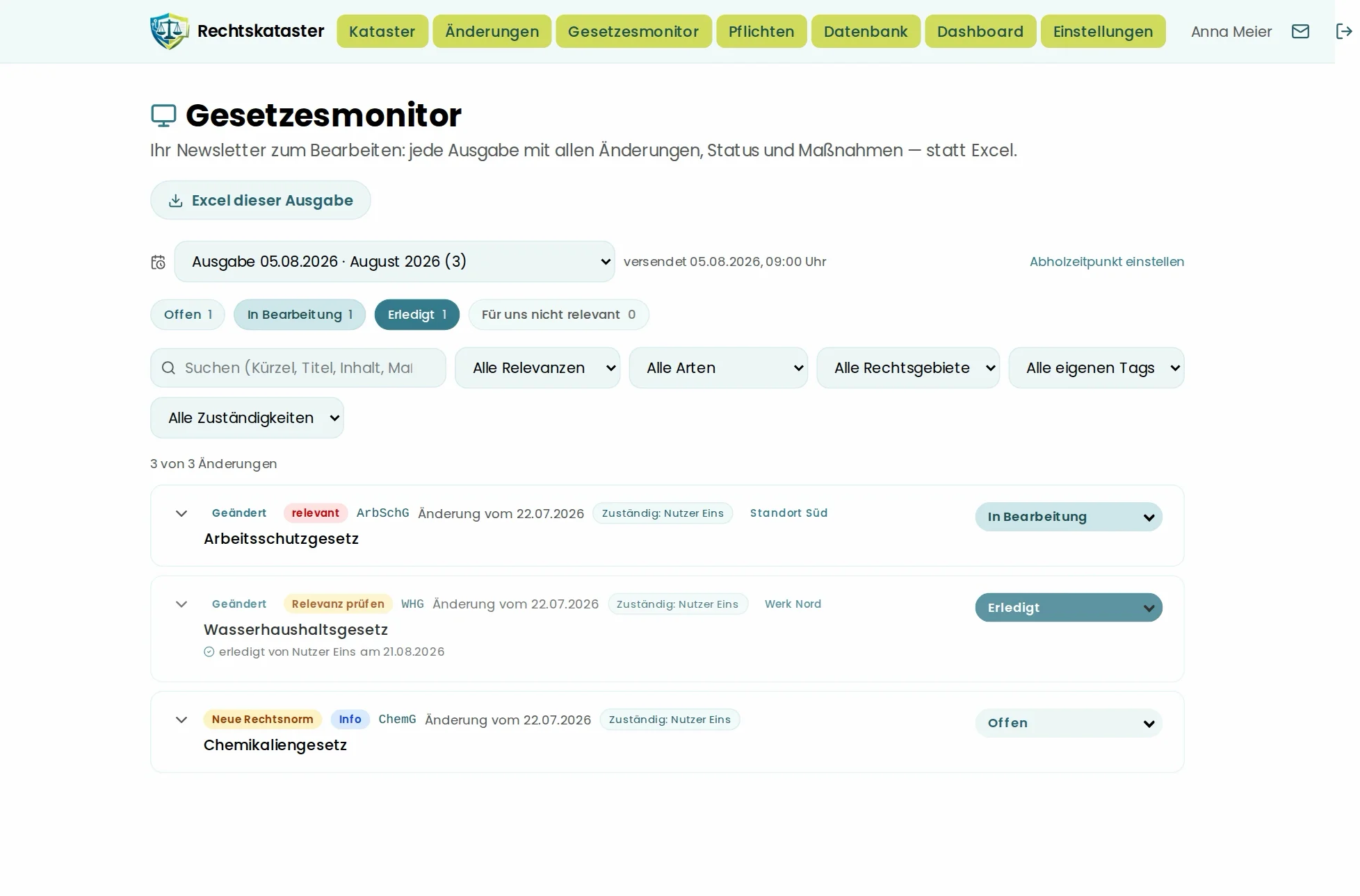 Gesetzesmonitor: Ausgabe mit Status-Zählern, Filtern und Status-Auswahl je Zeile