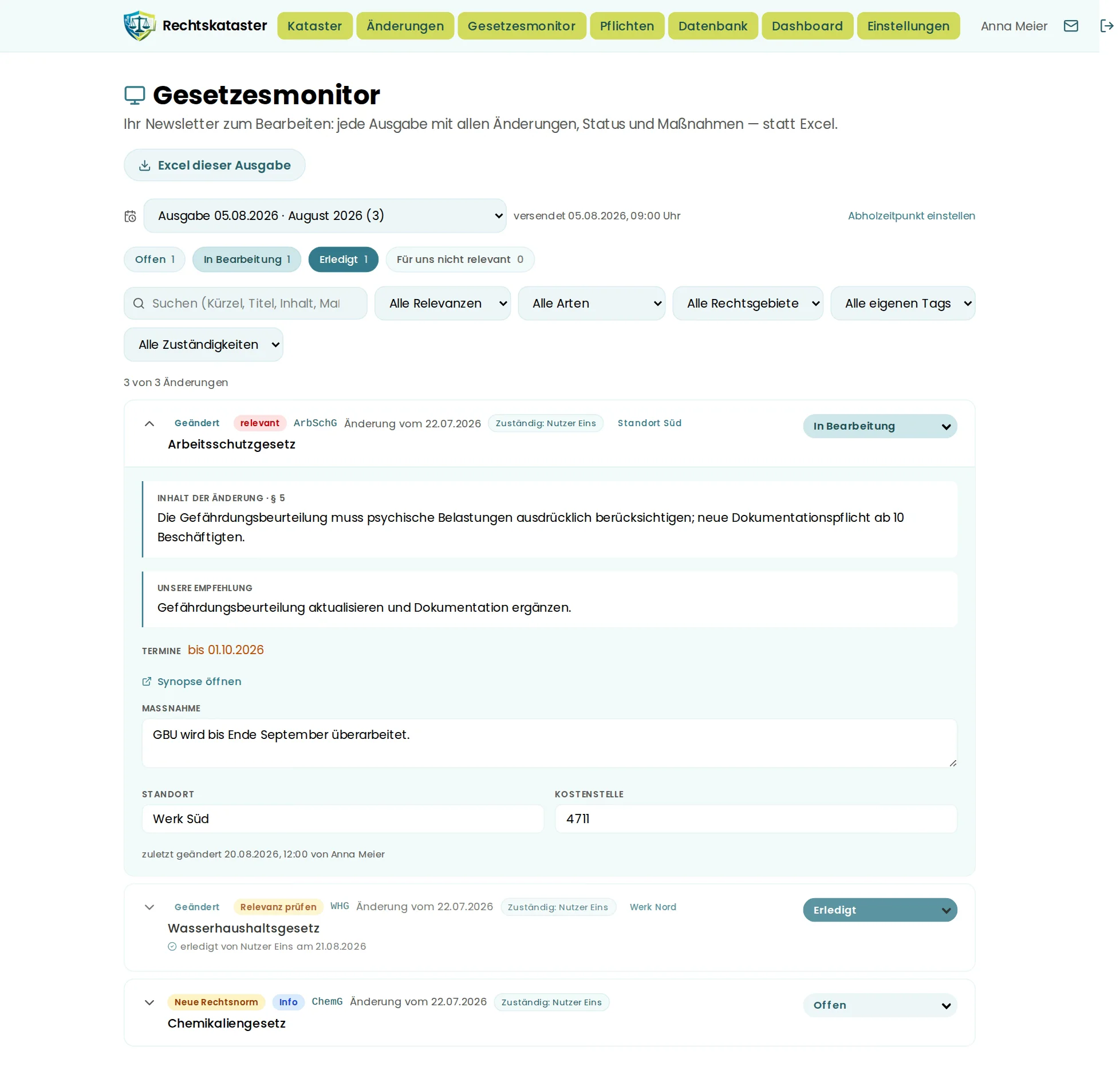 Gesetzesmonitor: aufgeklappte Zeile mit Maßnahme und Zusatzspalten