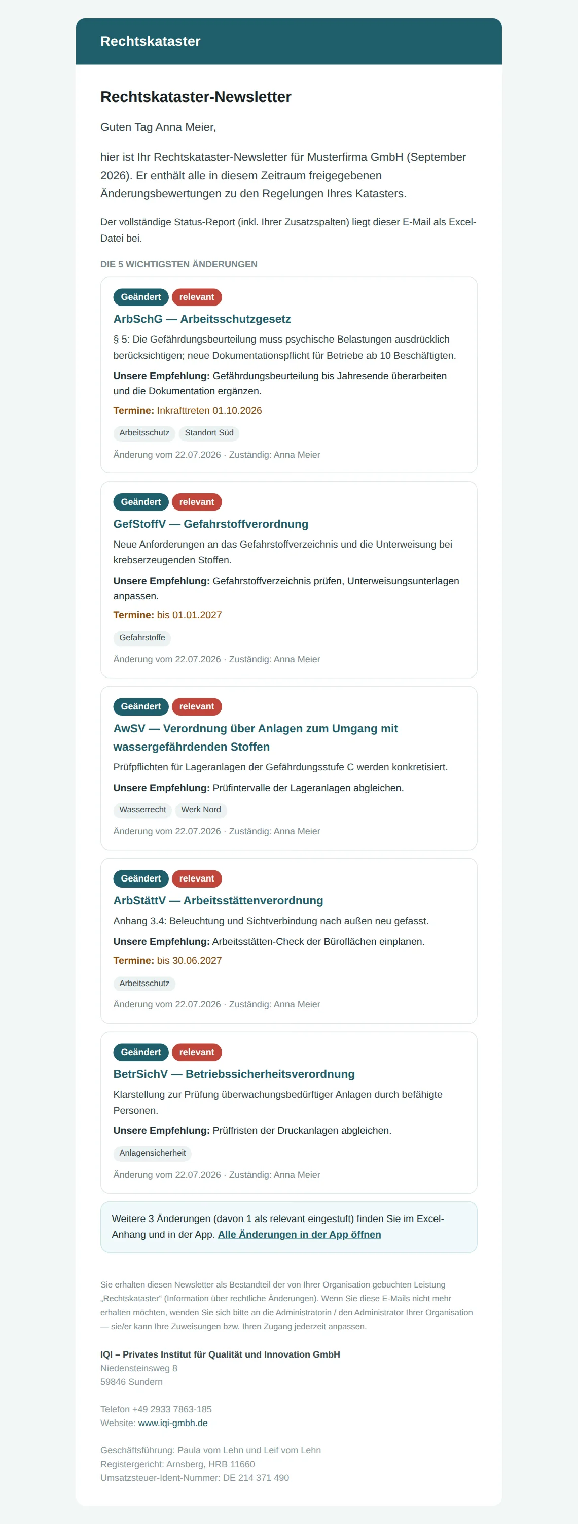 Newsletter-Mail mit den 5 wichtigsten Änderungen und dem Zähler-Satz mit Link in die App