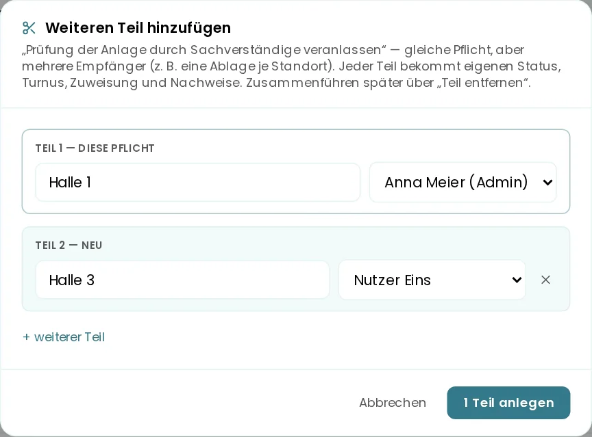 Dialog Weiteren Teil hinzufügen mit Bezeichnung und Zuweisung je Teil