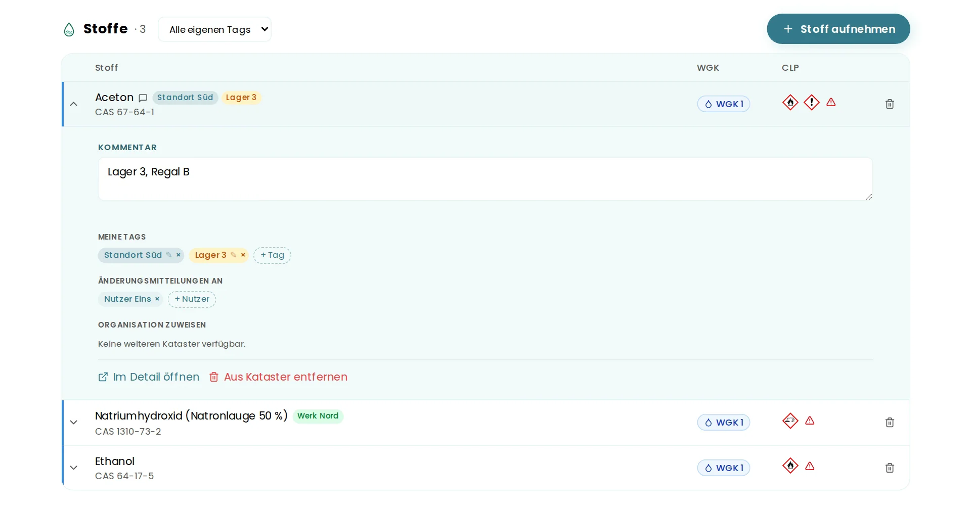 Kataster Stoffe: Tag-Filter, Tag-Chips in der Stoffzeile und Tag-Editor im Detail