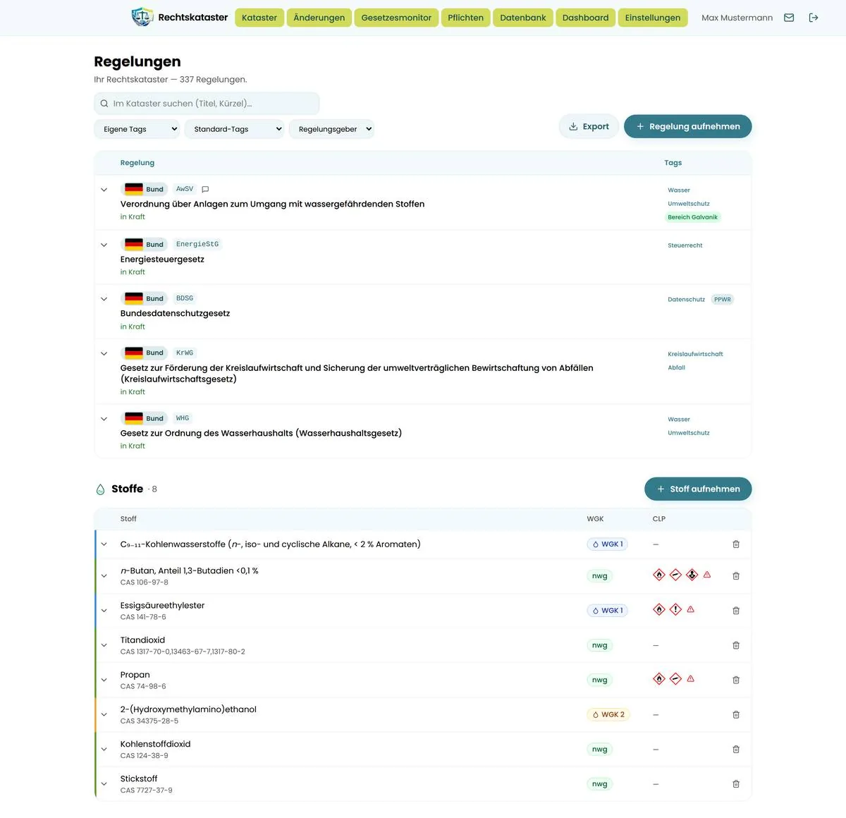 Kopfzeile mit den Menüpunkten Kataster, Änderungen, Gesetzesmonitor, Pflichten, Datenbank, Dashboard, Einstellungen