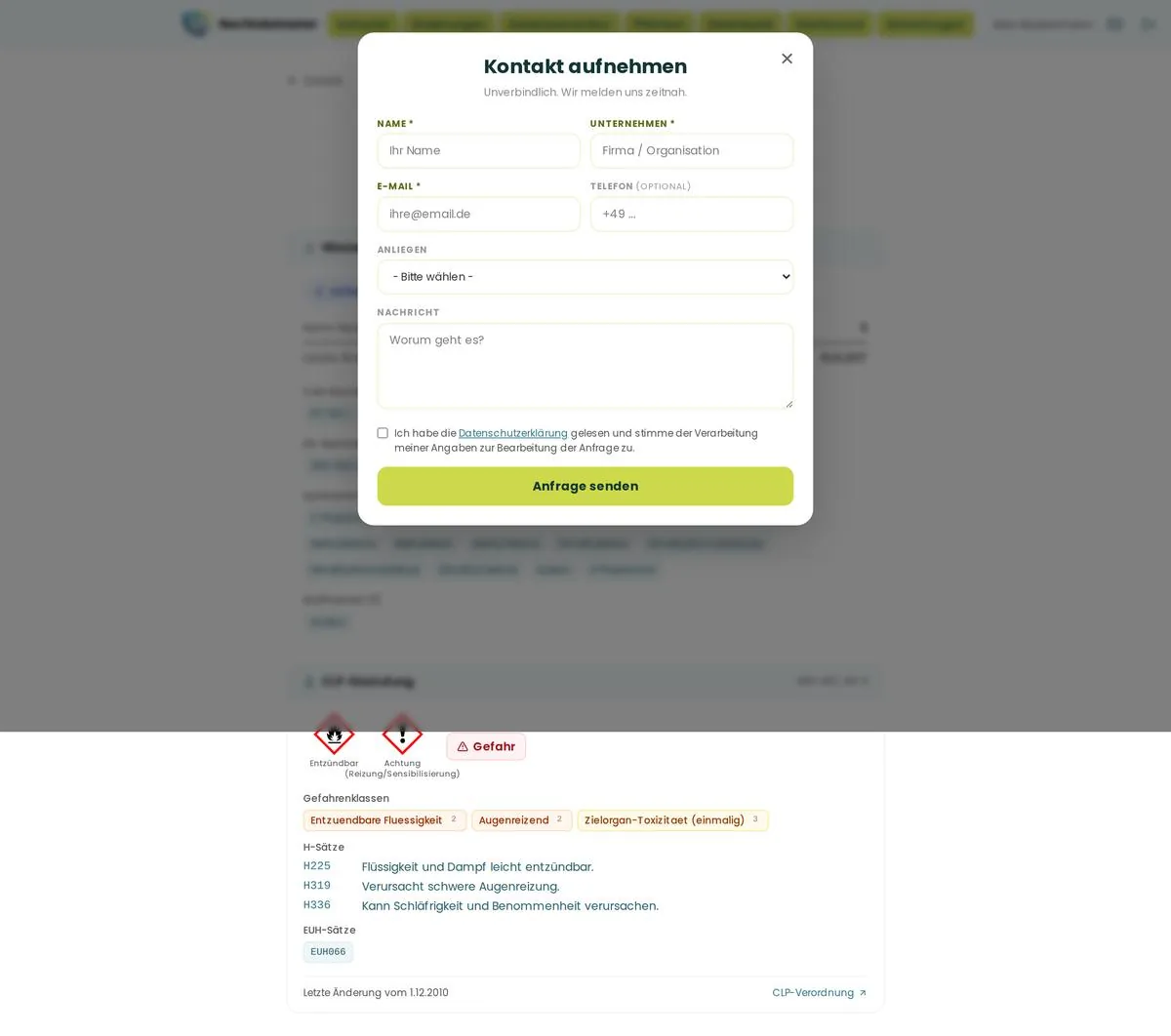 Kontaktformular mit Feldern für Name, Unternehmen, E-Mail, Telefon, Anliegen und Nachricht