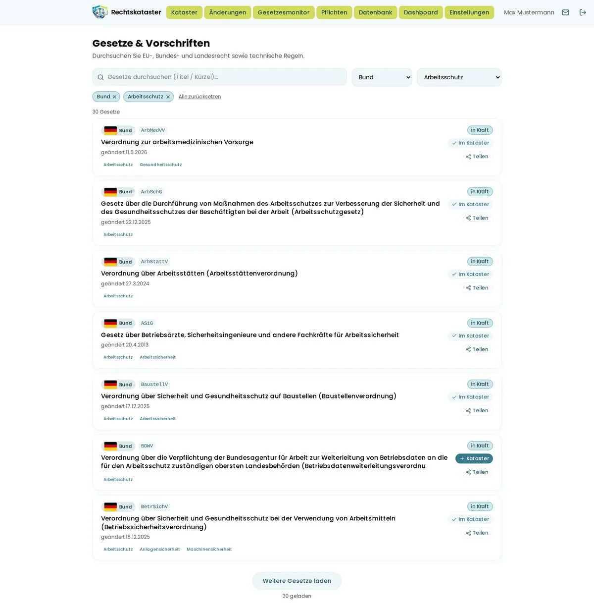 Gefilterte Ansicht auf Bundesrecht mit aktiven Filtermarken