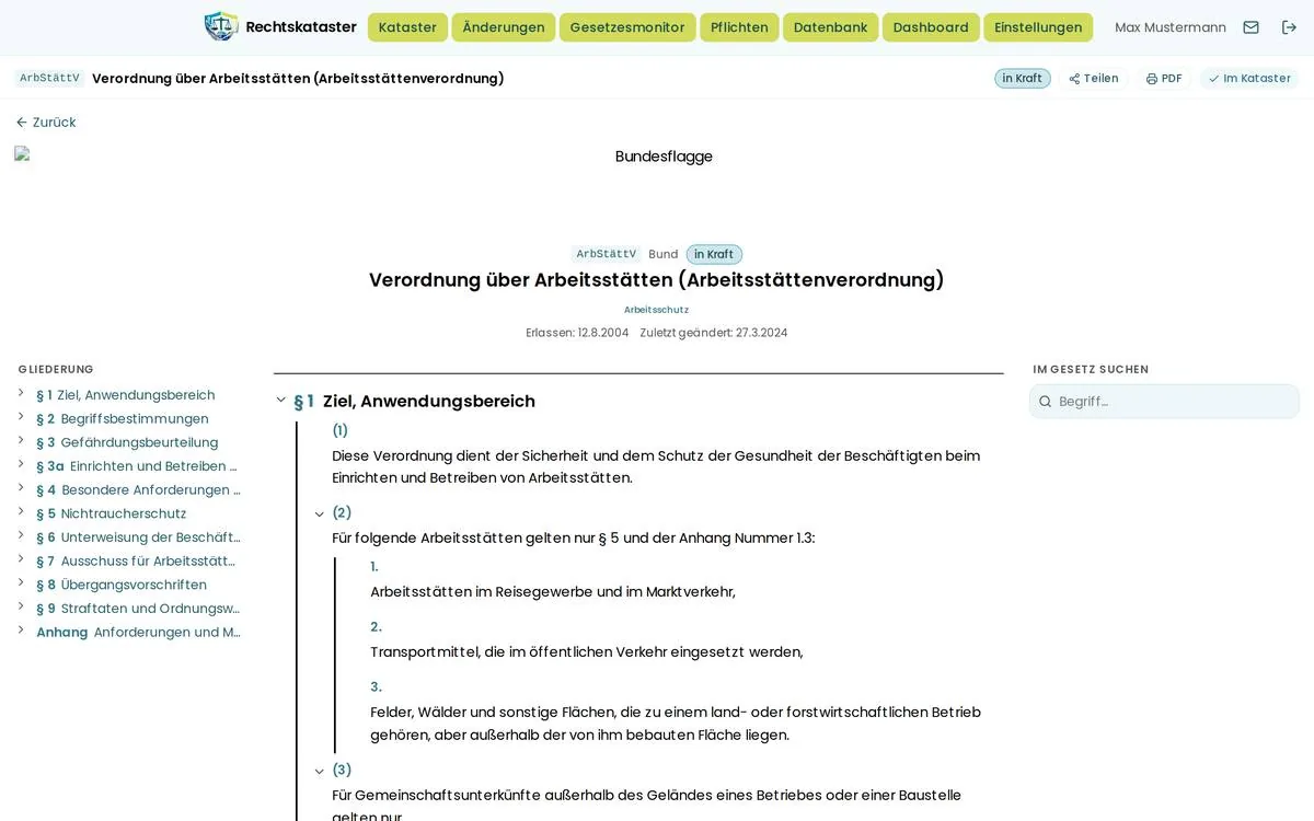 Arbeitsstättenverordnung mit Gliederungsspalte links und Volltext in der Mitte