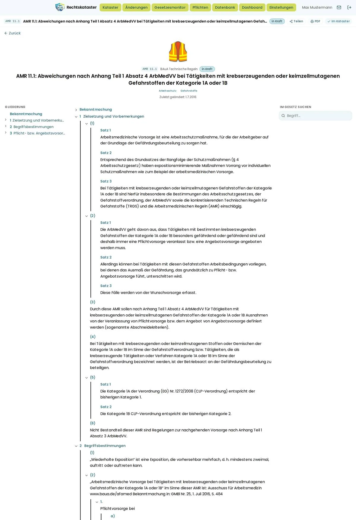 Technische Regel AMR 11.1 mit aufgeklappter Gliederung und satzweise nummeriertem Text