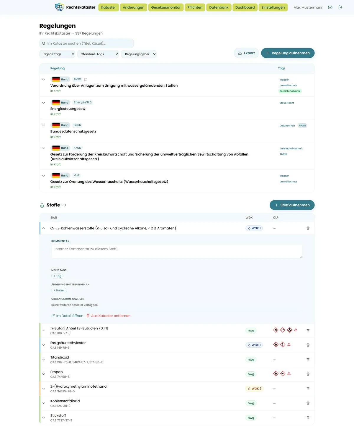 Aufgeklappte Kataster-Zeile mit Kommentar, Tags und Empfängern