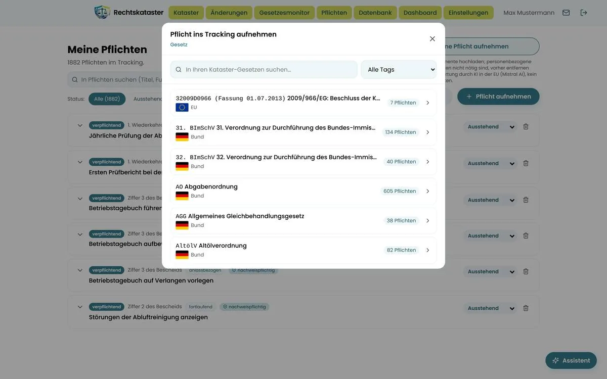 Dialog Pflicht ins Tracking aufnehmen mit Gesetzesauswahl