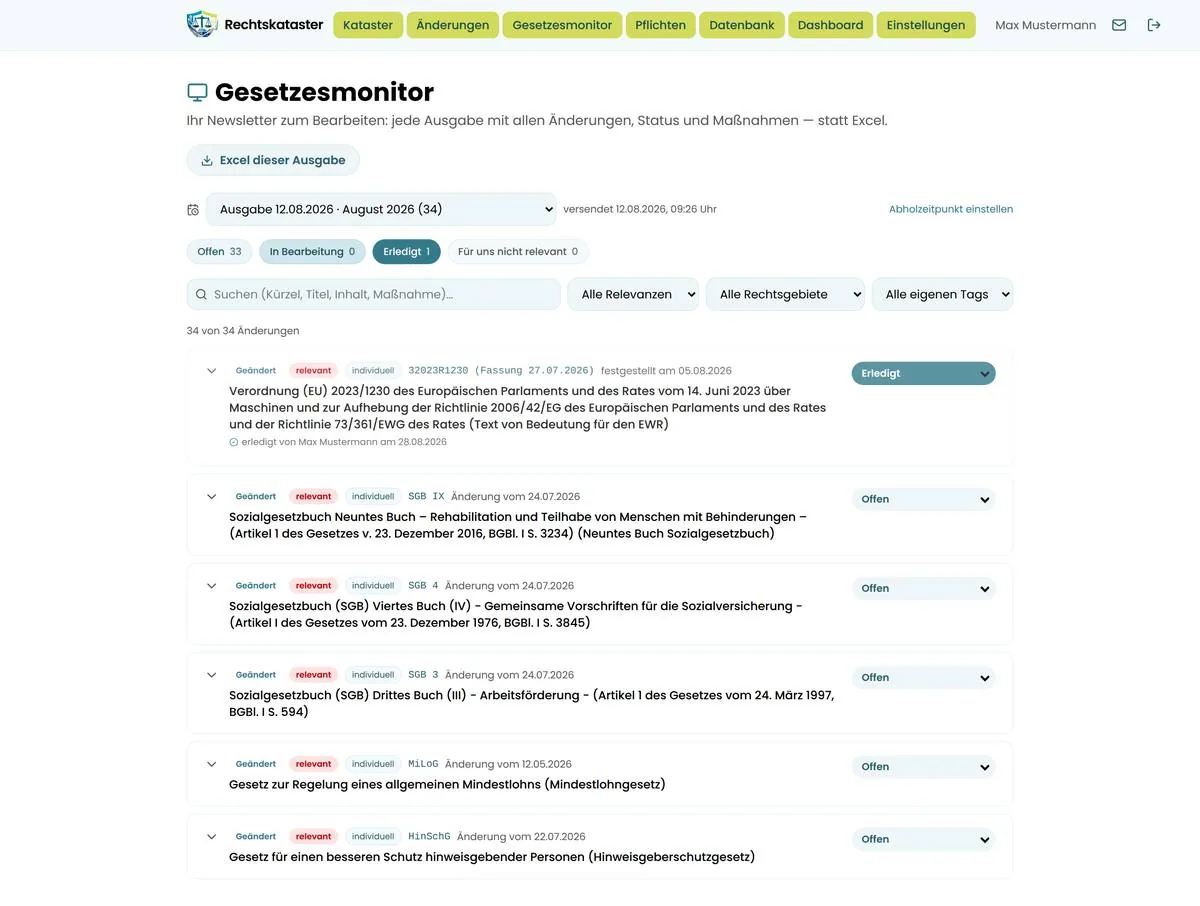 Gesetzesmonitor mit Ausgabenauswahl, Statuszählern und Änderungszeilen