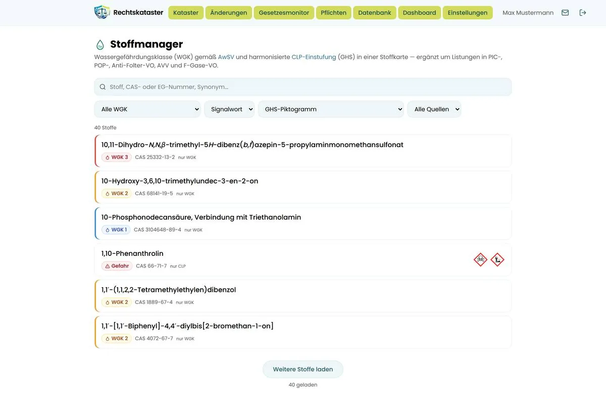 Stoffliste mit Suchfeld, Filtern und Stoffzeilen