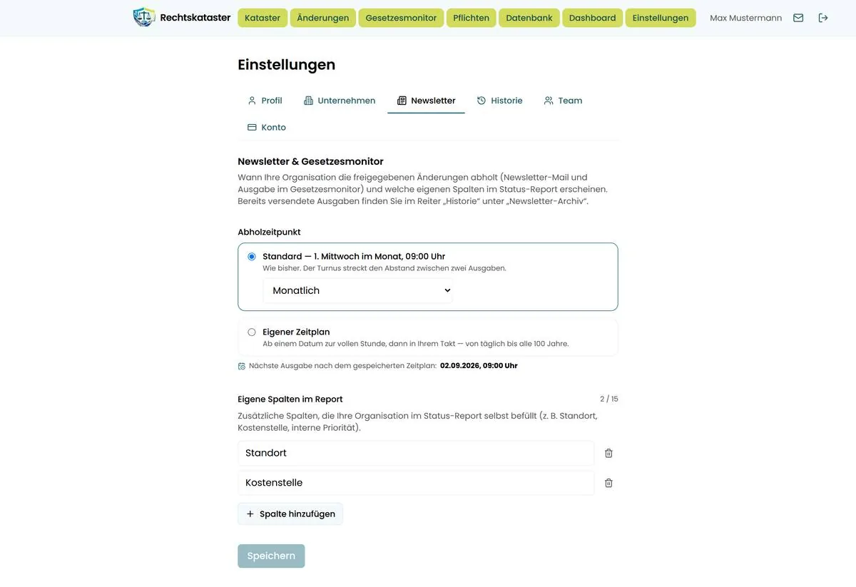 Reiter Newsletter mit Abholzeitpunkt und eigenen Spalten